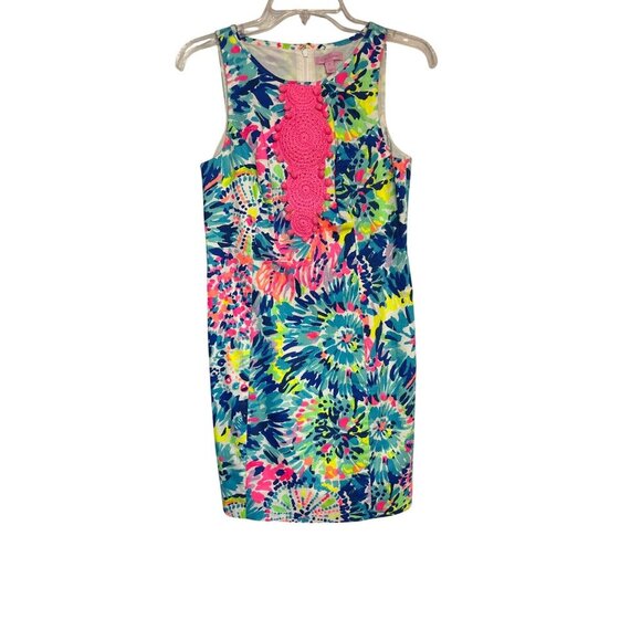 Lilly Pulitzer Sleeveless Multicolor Shift Dress With Pink Crochet Detail Size 0 - Picture 1 of 7